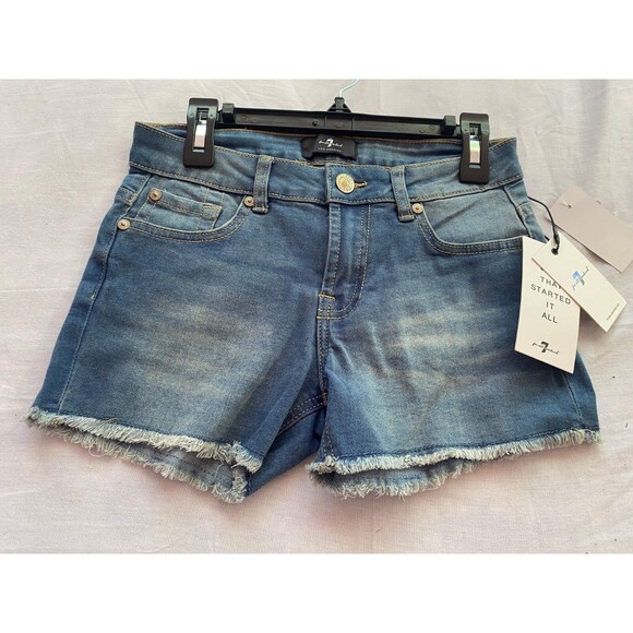 7 For All Mankind Cut Off Denim Jean  Shorts Girl's Size 7  Distressed Blue - Picture 1 of 2
